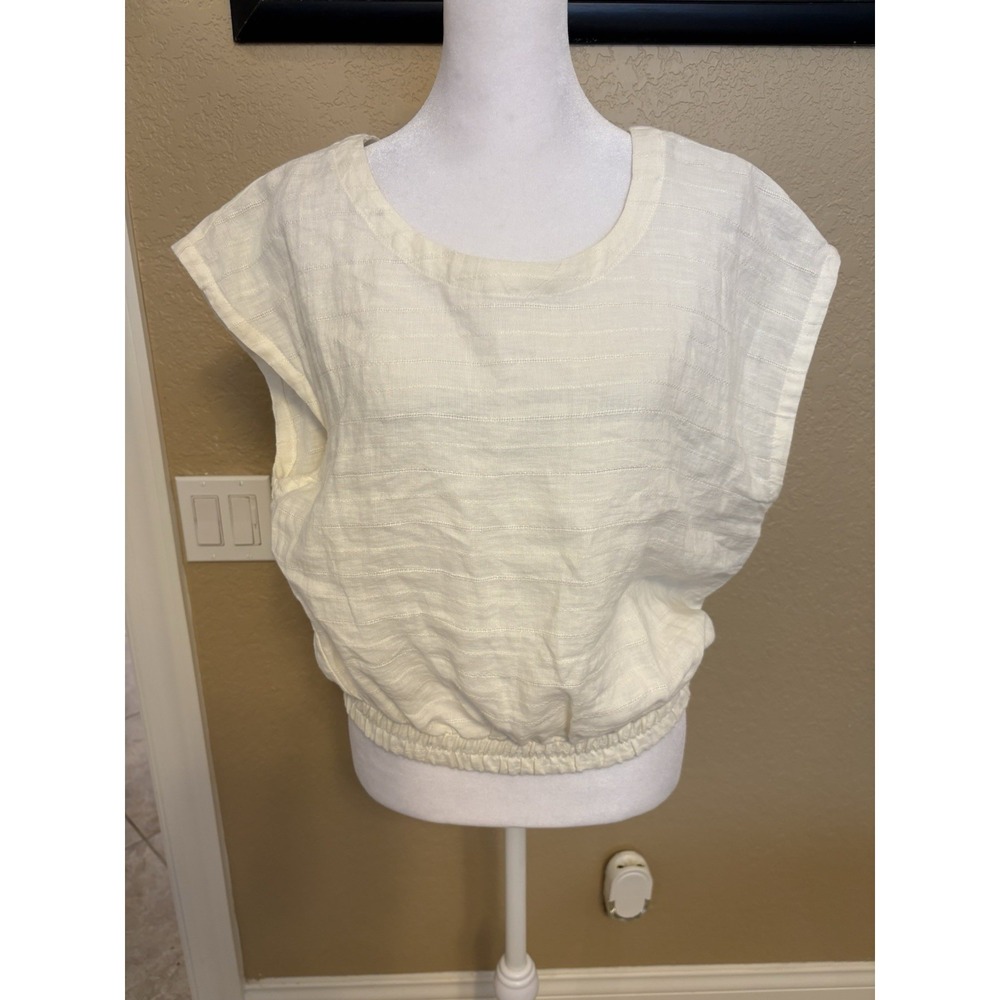 A. Ren Anthropologie 100% Linen Short  Sleeve Cream Color Top, Large, Cropped‎